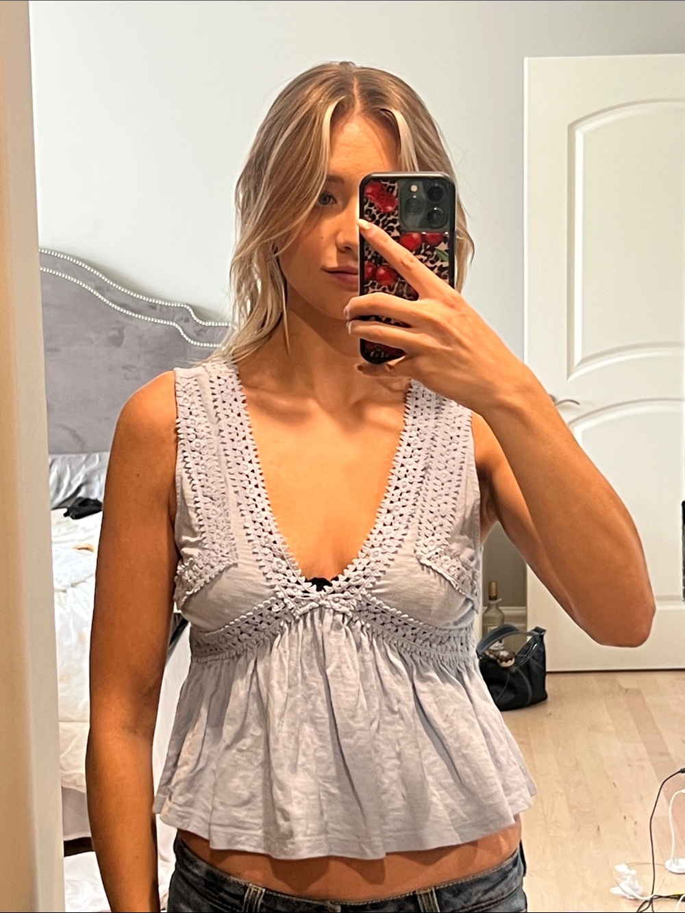 aerie Light Blue Crochet V-Neck Peplum Camisole